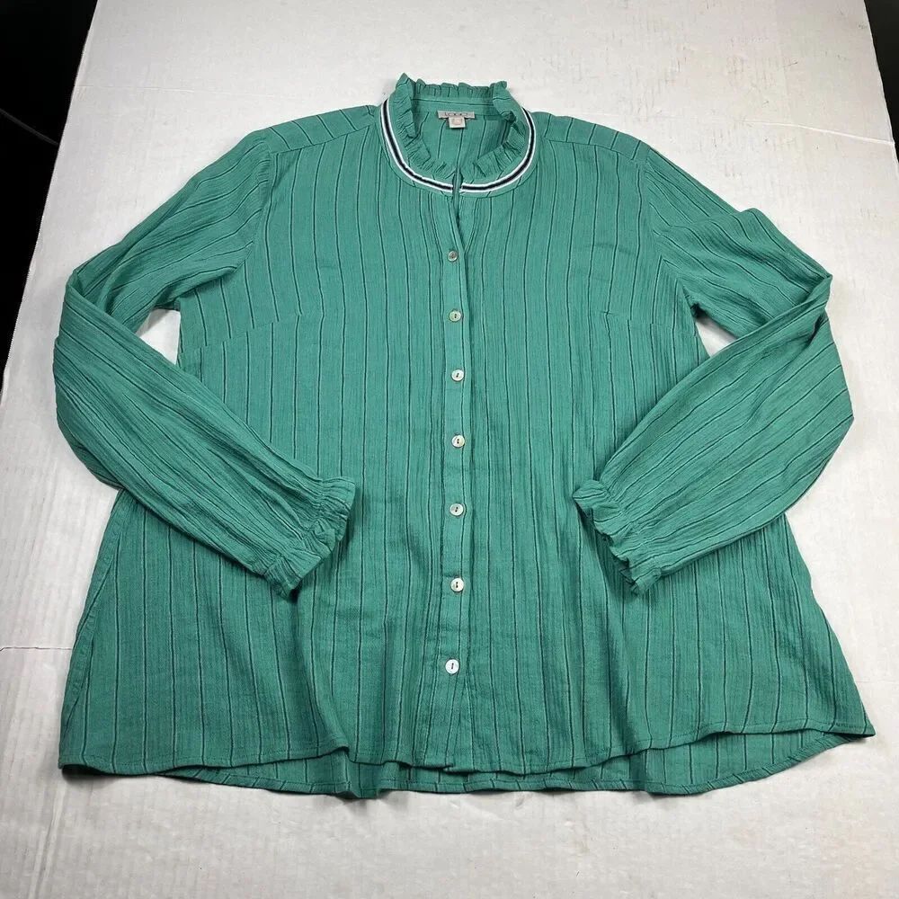 LOGO Lori Goldstein Gauze Button Down Shirt Green Long Sleeve Ruffled Top XS
